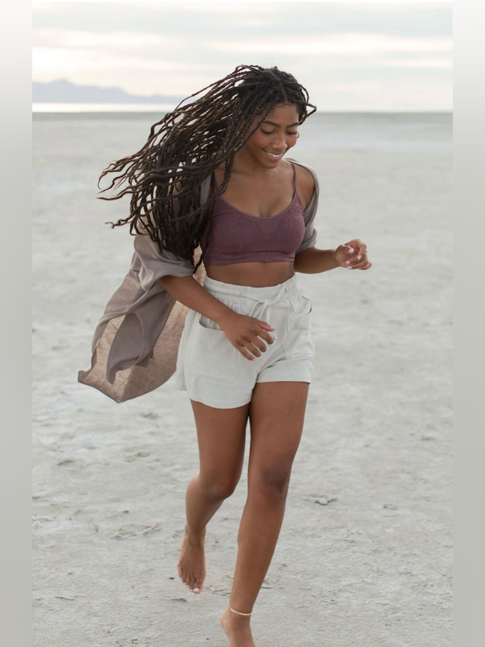 Savvi Sophie Linen Blend Drawstring Shorts | Tan | Size Large | EUC